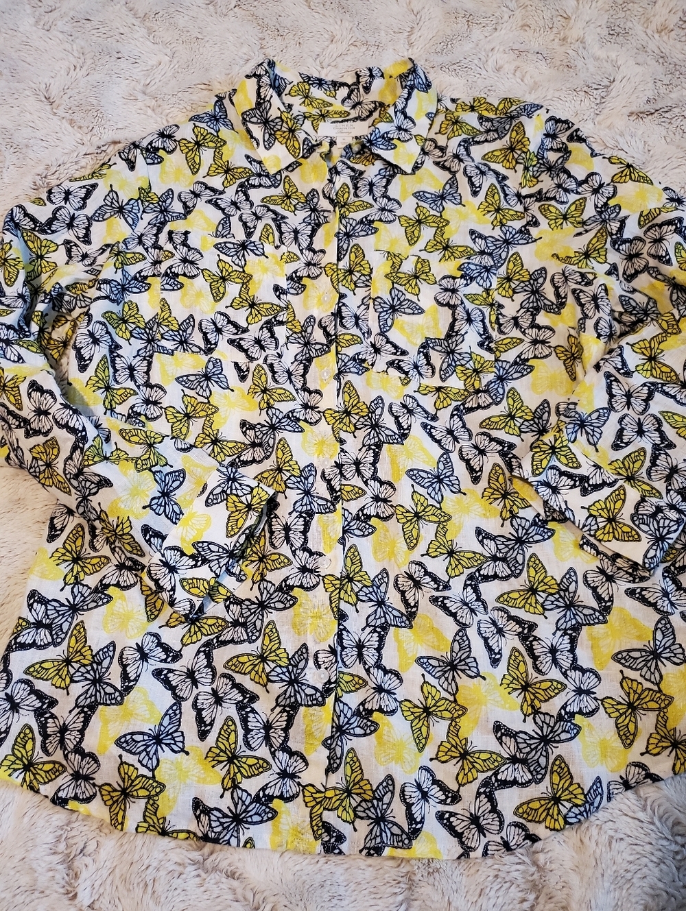 Charter Club Linen Luxury Shirt Large Button Up Blue Yellow Butterflies